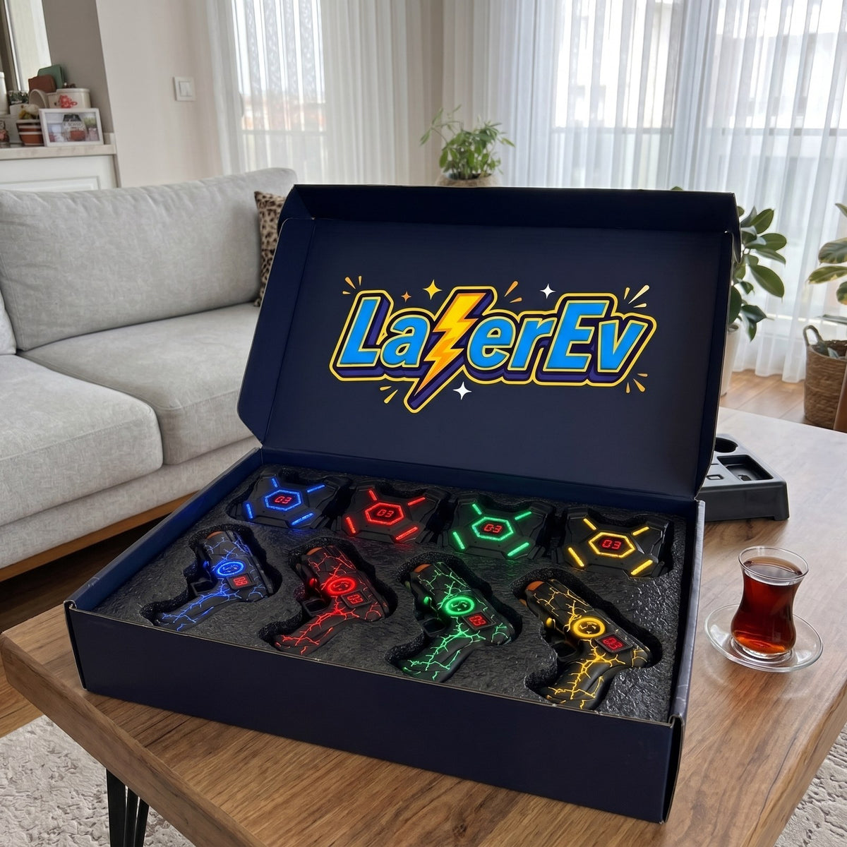 LazerEv 4 kişilik lazer savaşı seti kutusu: 4 tabanca ve 4 ışıklı yelek