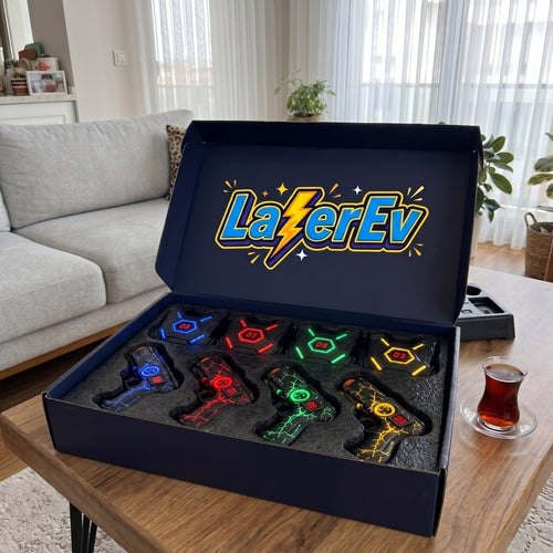 LazerEv 4 kişilik lazer savaşı seti kutusu: 4 tabanca ve 4 ışıklı yelek
